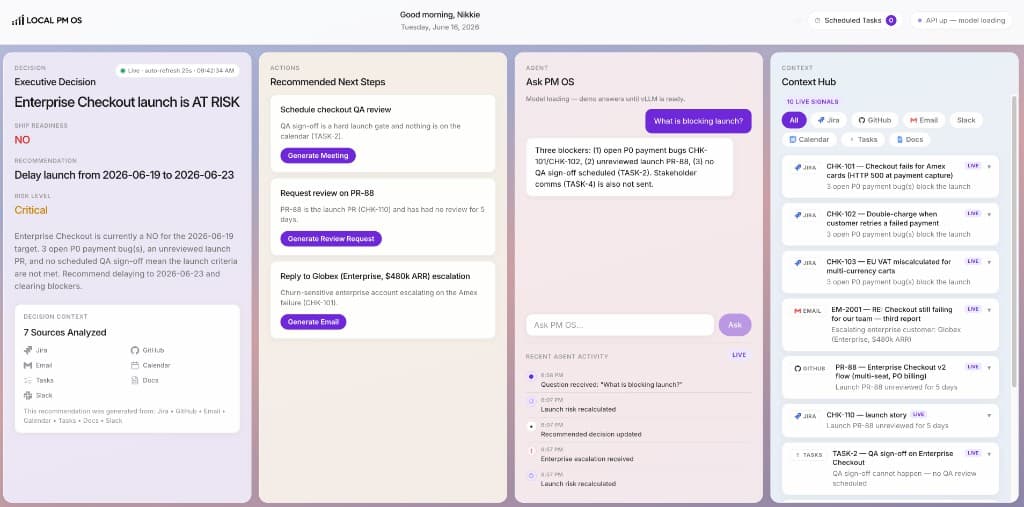 Local PM OS dashboard with launch risk analysis and context signals